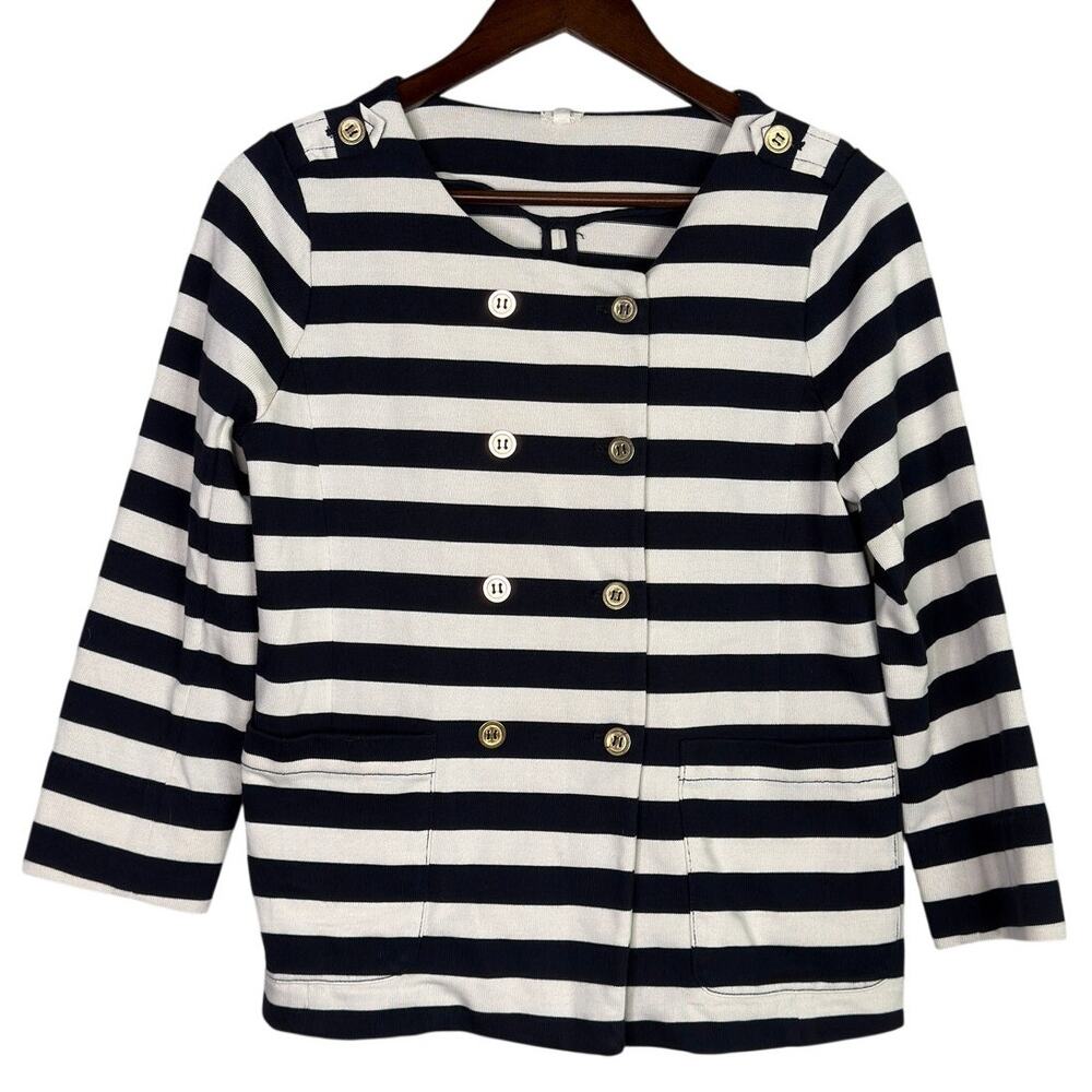 J. Crew Merriweather Stripe Knit Nautical Blazer Jacket 3/4 Sleeve S Blue White